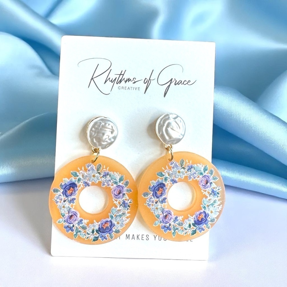 Blue Floral Hoop Statement Earrings
